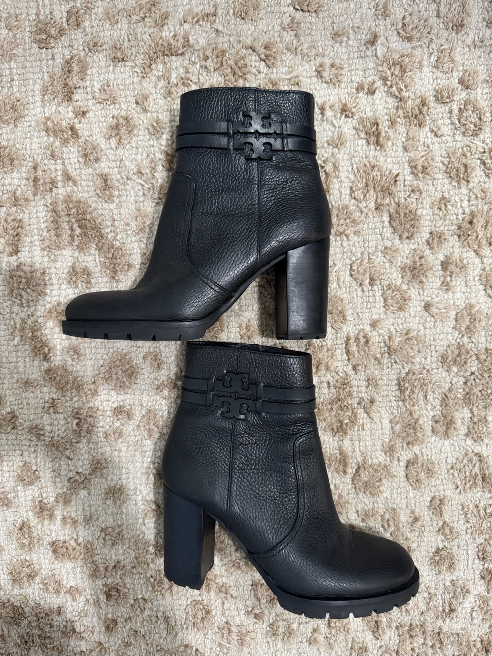 Tory Burch Black Leather Lug Sole Block Heel Ankle Boots